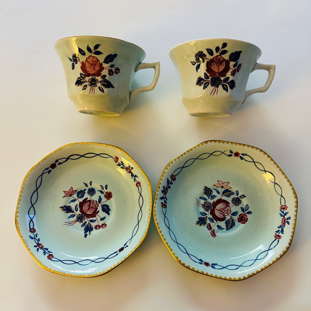 Adams Calyx England Tea Cup Set Cascade Ware Two Saucer set Light Green Floral